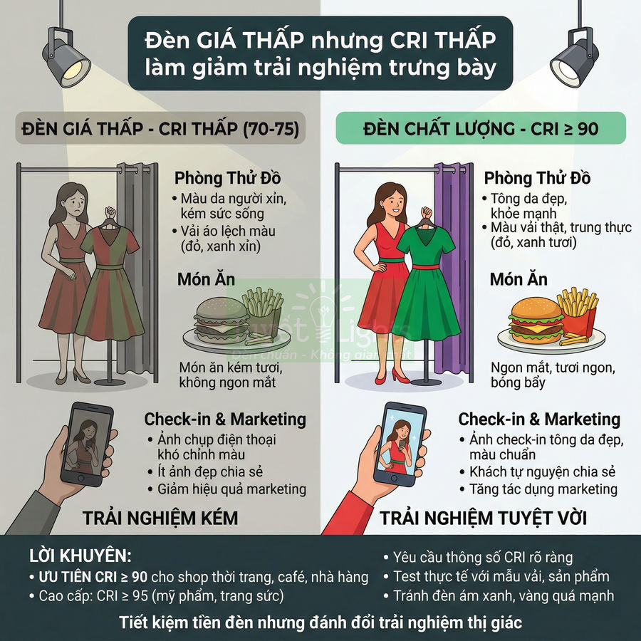 Infographic so sánh đèn giá thấp CRI thấp và đèn chất lượng CRI cao trong shop thời trang, món ăn và check in marketing