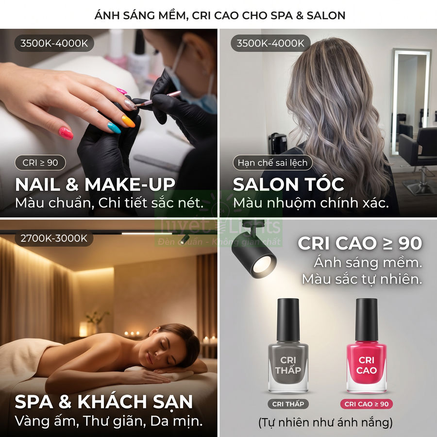 Đèn LED CRI cao cho spa salon, chiếu sáng làm nail, make up, salon tóc và phòng massage màu sắc tự nhiên