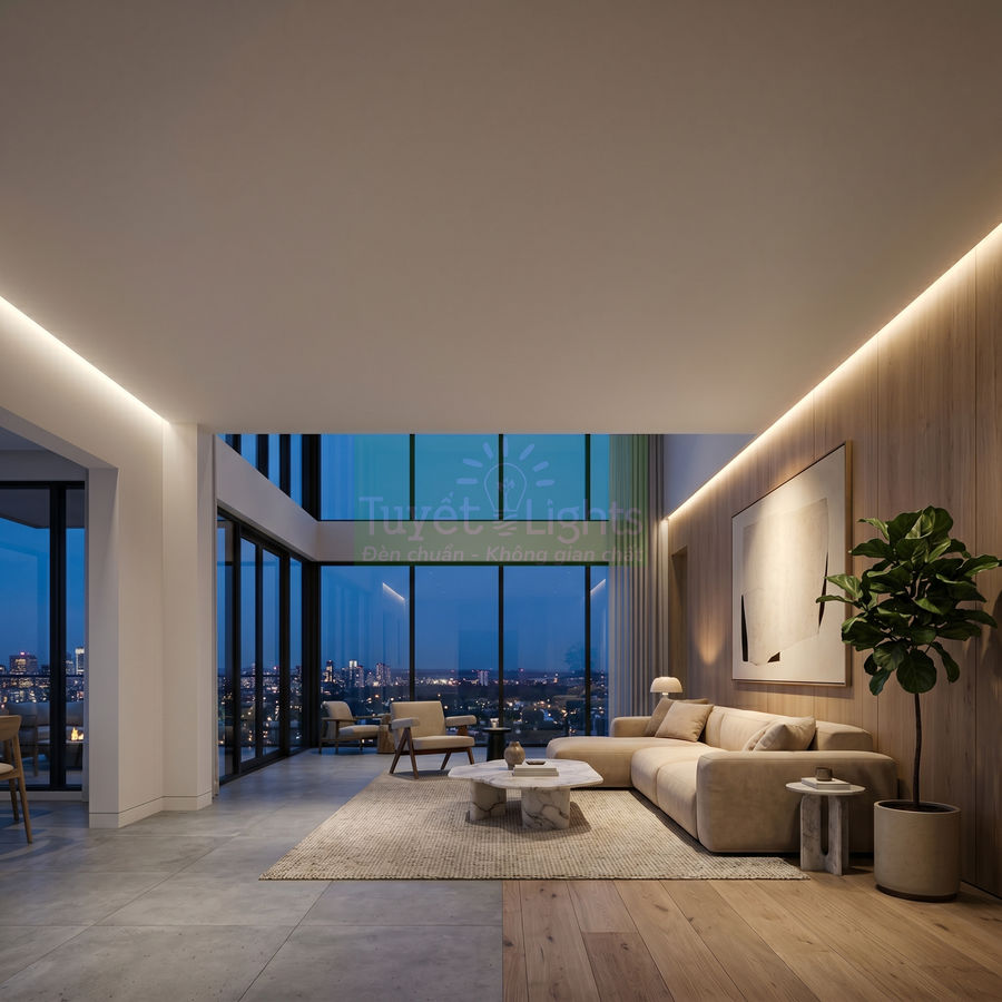 Đèn led hắt trần chiếu sáng phòng khách hiện đại với cửa kính lớn và sofa màu be