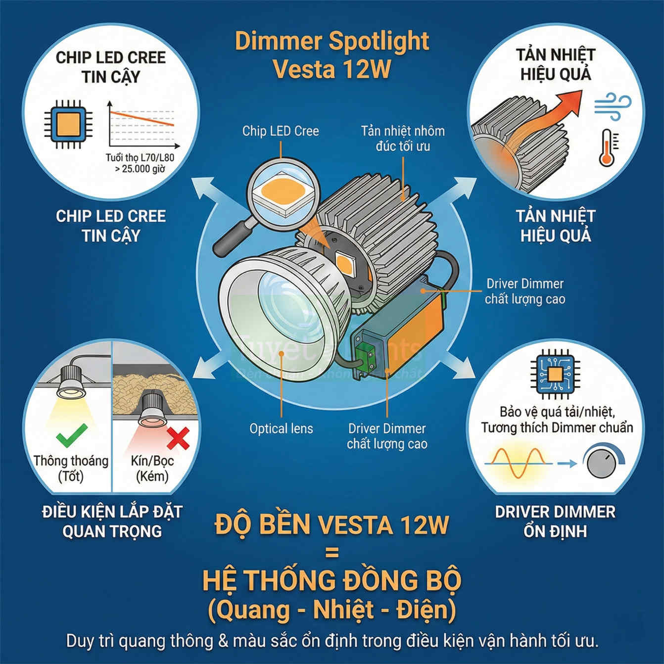 Đèn Dimmer Spotlight Vesta 12W với chip LED Cree, tản nhiệt nhôm và driver dimmer ổn định