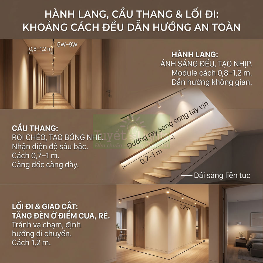 Đèn led chiếu sáng hành lang, cầu thang và lối đi trong nhà với khoảng cách lắp đặt an toàn