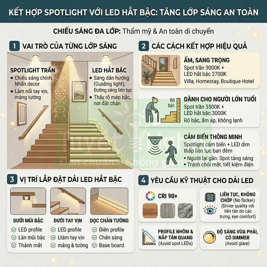 Hướng dẫn lắp đèn spotlight và đèn LED hắt bậc cầu thang tăng sáng an toàn và thẩm mỹ