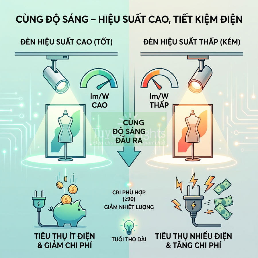 So sánh đèn LED hiệu suất cao và đèn hiệu suất thấp về độ sáng, tiêu thụ điện và chi phí sử dụng