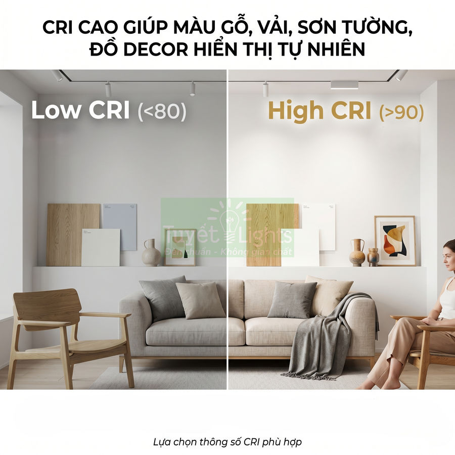 So sánh ánh sáng Low CRI và High CRI trong phòng khách, cho thấy đèn CRI cao giúp màu gỗ và nội thất tự nhiên hơn