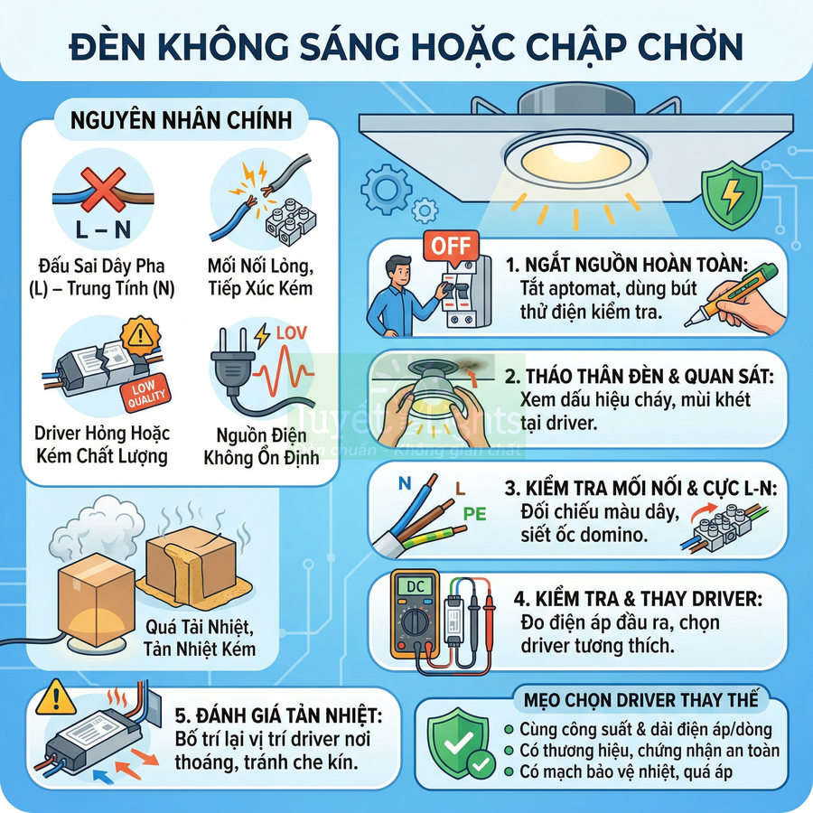Hướng dẫn xử lý đèn LED âm trần không sáng hoặc chập chờn và cách kiểm tra thay driver an toàn