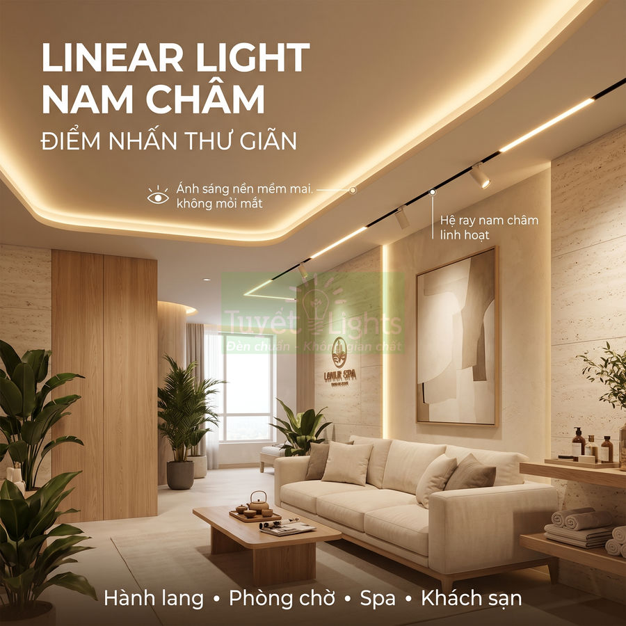 Đèn linear nam châm Tuyết Lights chiếu sáng trần phòng spa hiện đại với ánh sáng vàng thư giãn