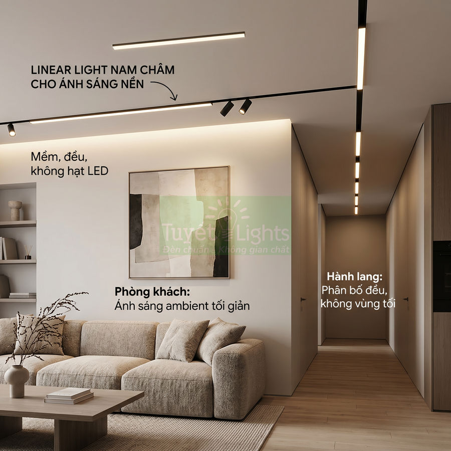 Đèn linear light nam châm Tuyết Lights chiếu sáng phòng khách và hành lang nội thất hiện đại