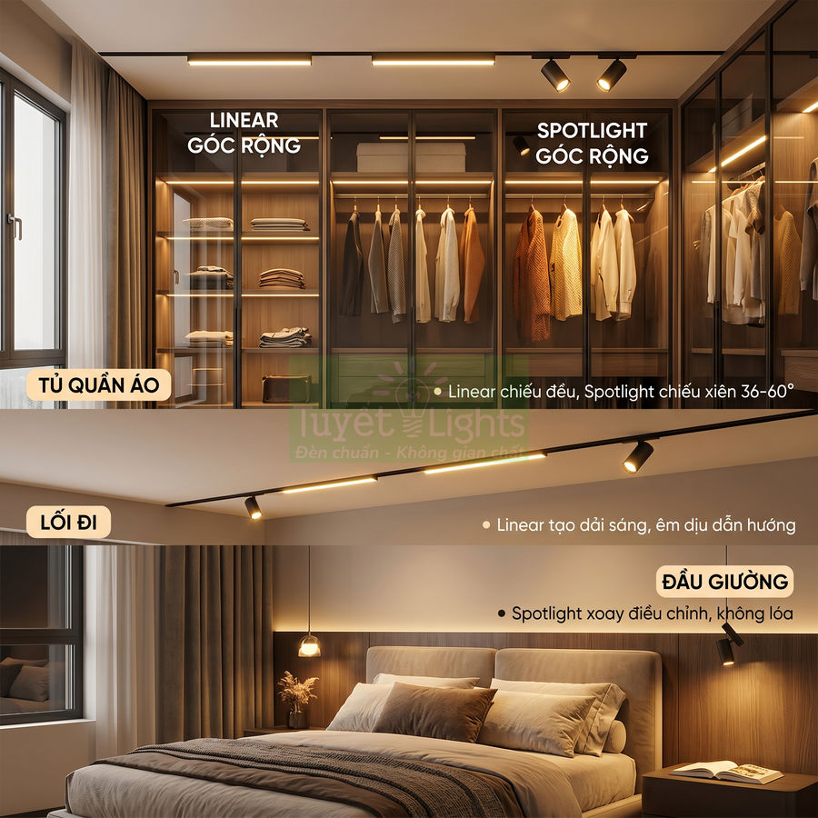Đèn led linear và spotlight góc rộng chiếu sáng tủ quần áo, lối đi và đầu giường phòng ngủ hiện đại