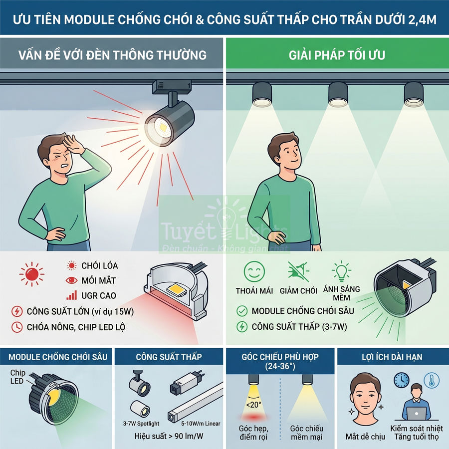 Infographic so sánh đèn LED thường và đèn LED module chống chói công suất thấp cho trần thấp