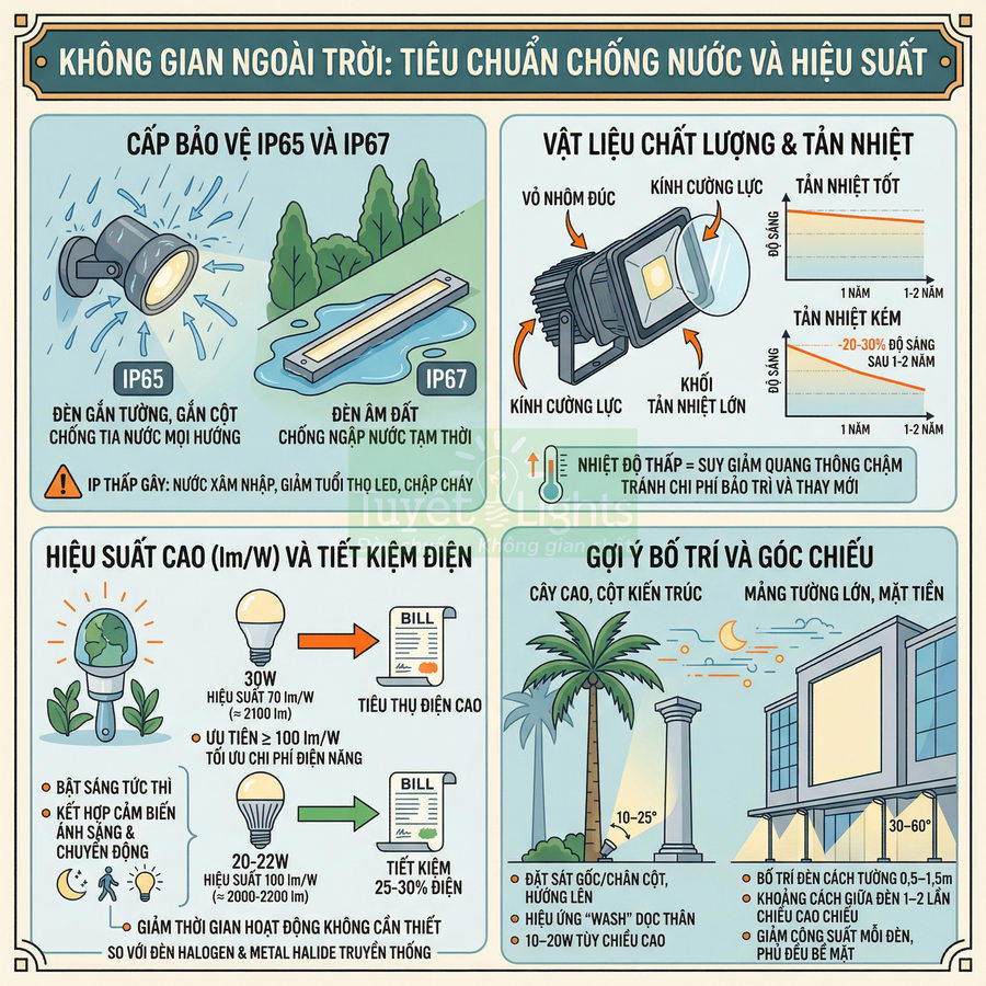 Infographic tiêu chuẩn chống nước hiệu suất đèn LED ngoài trời IP65 IP67 vật liệu tản nhiệt bố trí chiếu sáng