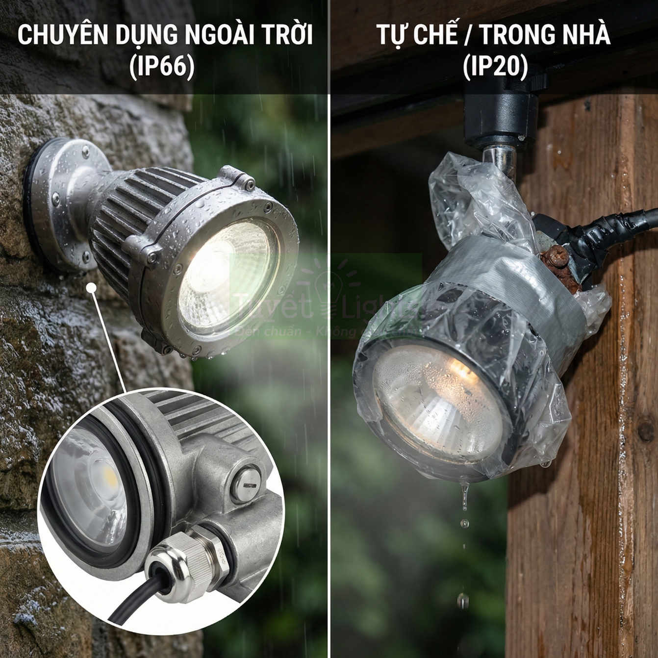 Đèn LED chiếu sáng ngoài trời chuẩn IP66 chống nước so sánh với đèn tự chế bọc nilon dễ hỏng khi gặp mưa