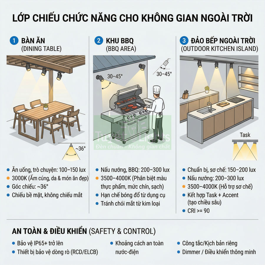 Minh họa bố trí đèn chiếu sáng chức năng cho bàn ăn, khu BBQ và đảo bếp ngoài trời an toàn tiện dụng