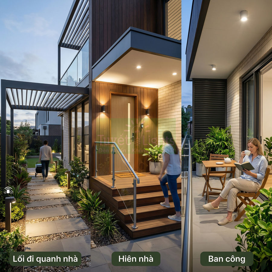 Đèn LED ngoài trời chiếu sáng lối đi, hiên nhà và ban công hiện đại với cây xanh và bàn ghế gỗ