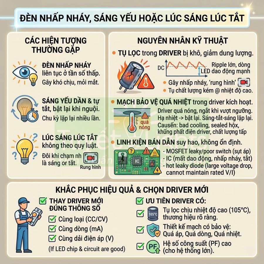Hướng dẫn xử lý đèn LED nhấp nháy sáng yếu hoặc lúc sáng lúc tắt và cách chọn driver LED phù hợp