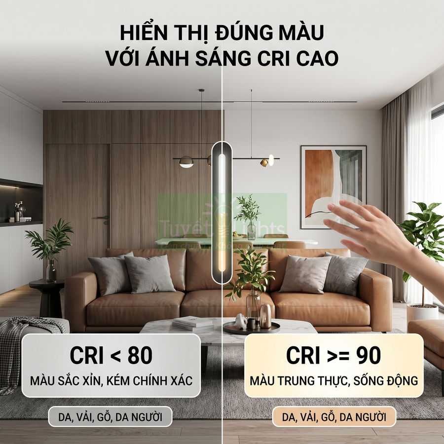 Đèn LED CRI cao chiếu sáng phòng khách hiện đại, so sánh màu sắc trung thực và kém chính xác