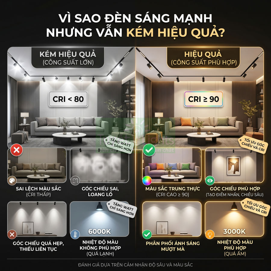 So sánh phòng khách dùng đèn LED CRI thấp và đèn LED CRI cao, minh họa khác biệt màu sắc và hiệu quả chiếu sáng