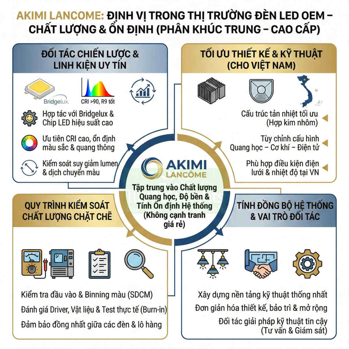 Infographic giới thiệu đèn LED OEM Akimi Lancome, nhấn mạnh chất lượng linh kiện, thiết kế, kiểm soát và đồng bộ hệ thống