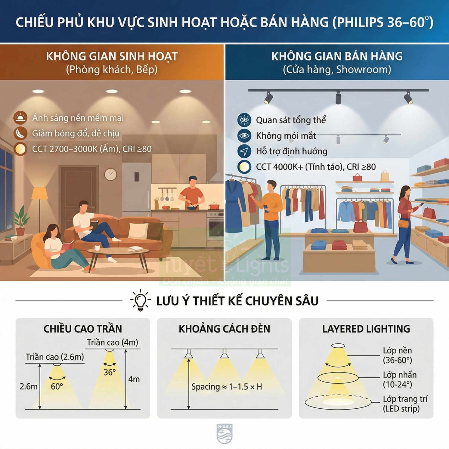 Infographic đèn LED Philips chiếu sáng phòng khách, bếp và cửa hàng với hướng dẫn góc chiếu, khoảng cách và layered lighting