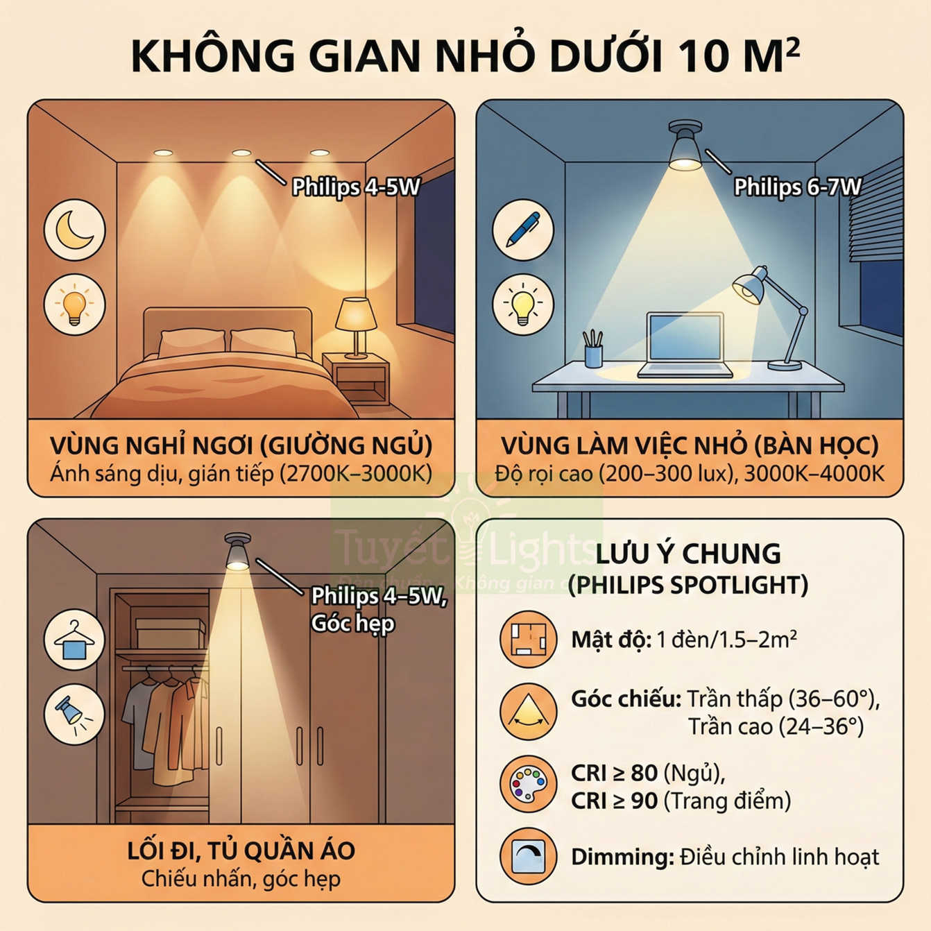 Hướng dẫn chọn đèn spotlight Philips 4W 7W cho phòng ngủ bàn học lối đi trong không gian nhỏ dưới 10m2
