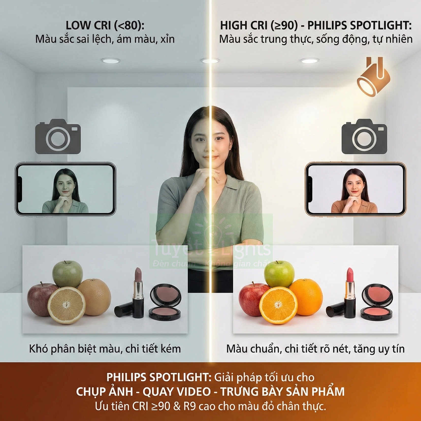 So sánh ánh sáng đèn Philips Spotlight CRI cao và thấp khi chụp người mẫu, trái cây và mỹ phẩm