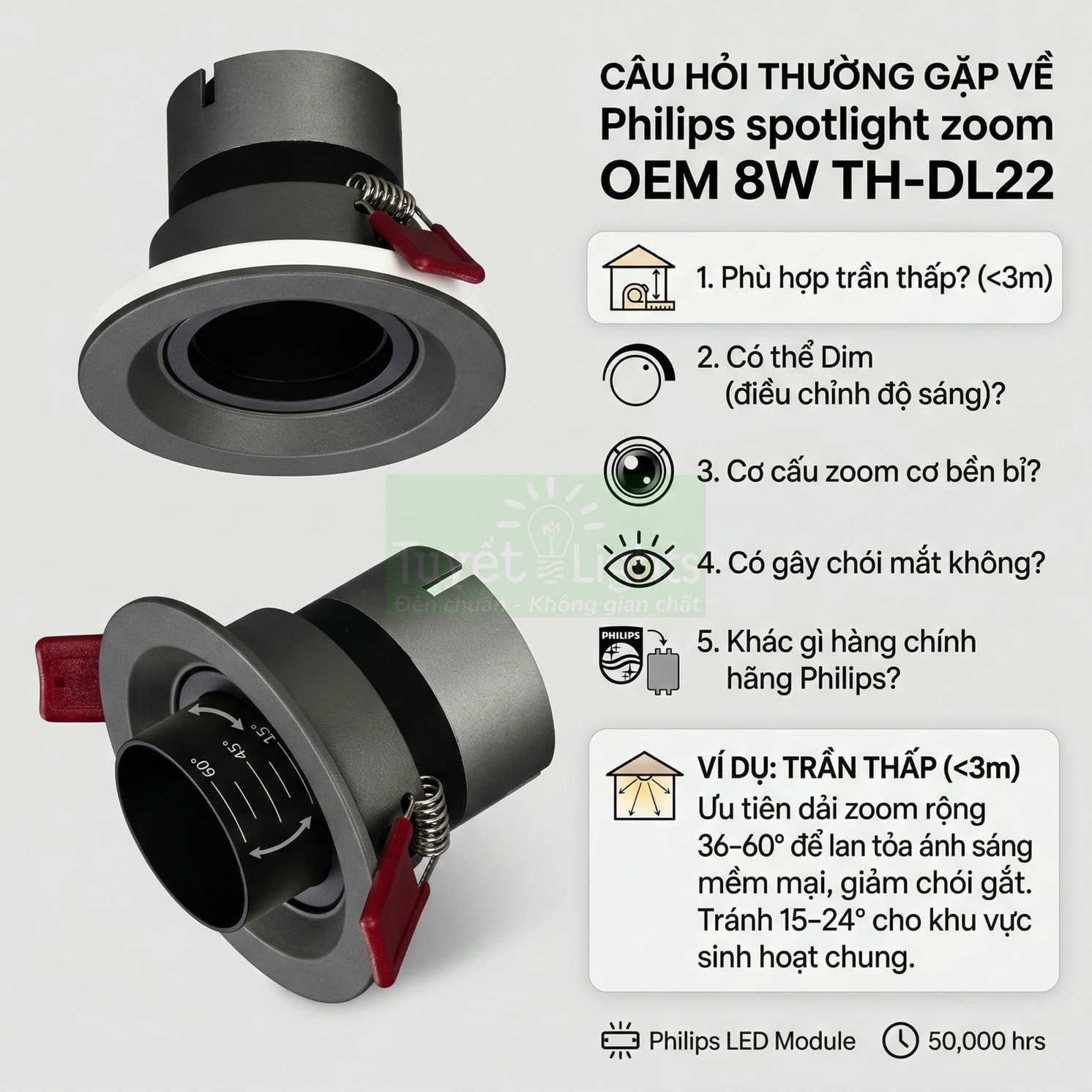 Đèn downlight Philips spotlight zoom OEM 8W TH DL22 màu xám cho trần thấp, điều chỉnh góc chiếu sáng