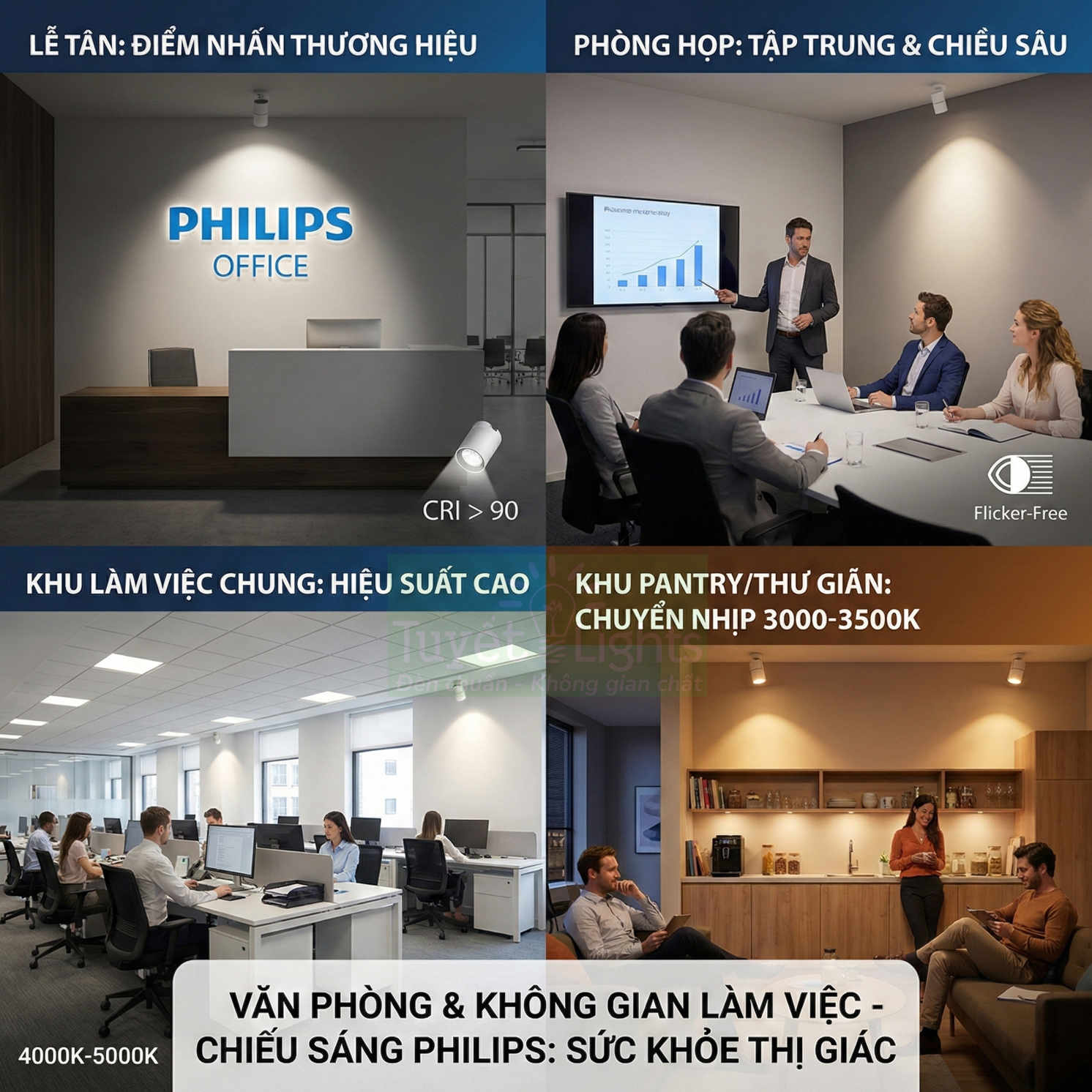 Giải pháp chiếu sáng văn phòng Philips cho lễ tân, phòng họp, khu làm việc chung và khu pantry