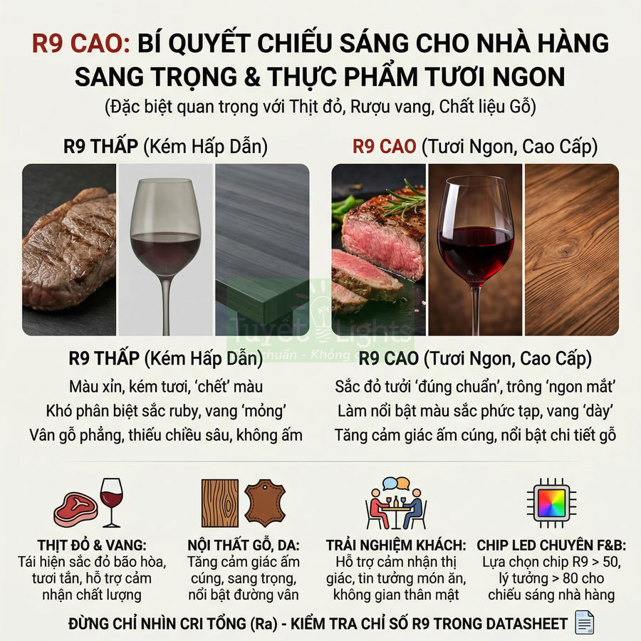 So sánh ánh sáng R9 thấp và R9 cao cho thịt bò, rượu vang đỏ và nội thất gỗ trong nhà hàng cao cấp