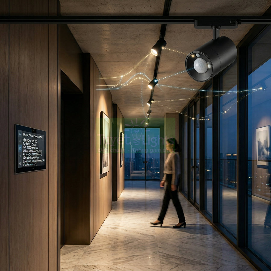 Đèn rọi ray cảm biến chuyển động chiếu sáng hành lang hiện đại với tường gỗ và cửa kính lớn