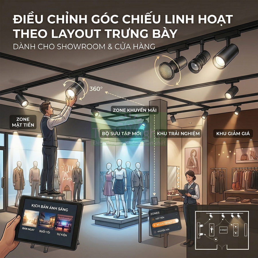 Hệ thống đèn rọi ray điều chỉnh góc chiếu linh hoạt cho showroom thời trang và cửa hàng trưng bày