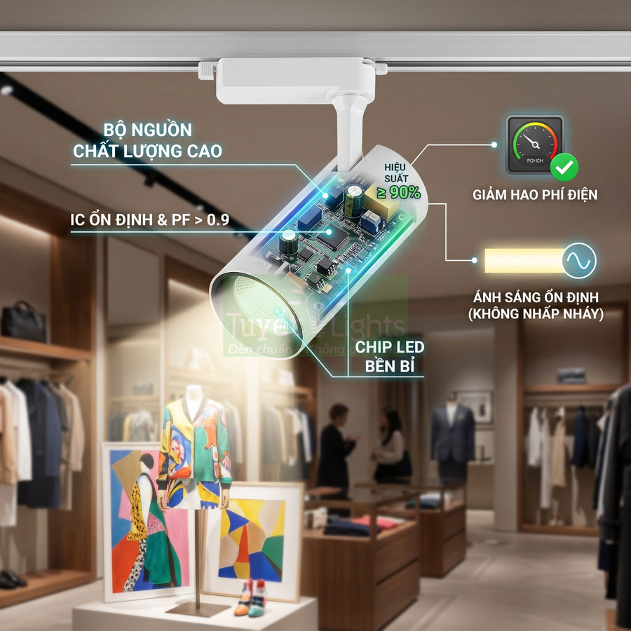 Đèn rọi ray LED Tuyết Lights chiếu sáng cửa hàng thời trang, chip LED bền bỉ, ánh sáng ổn định không nhấp nháy