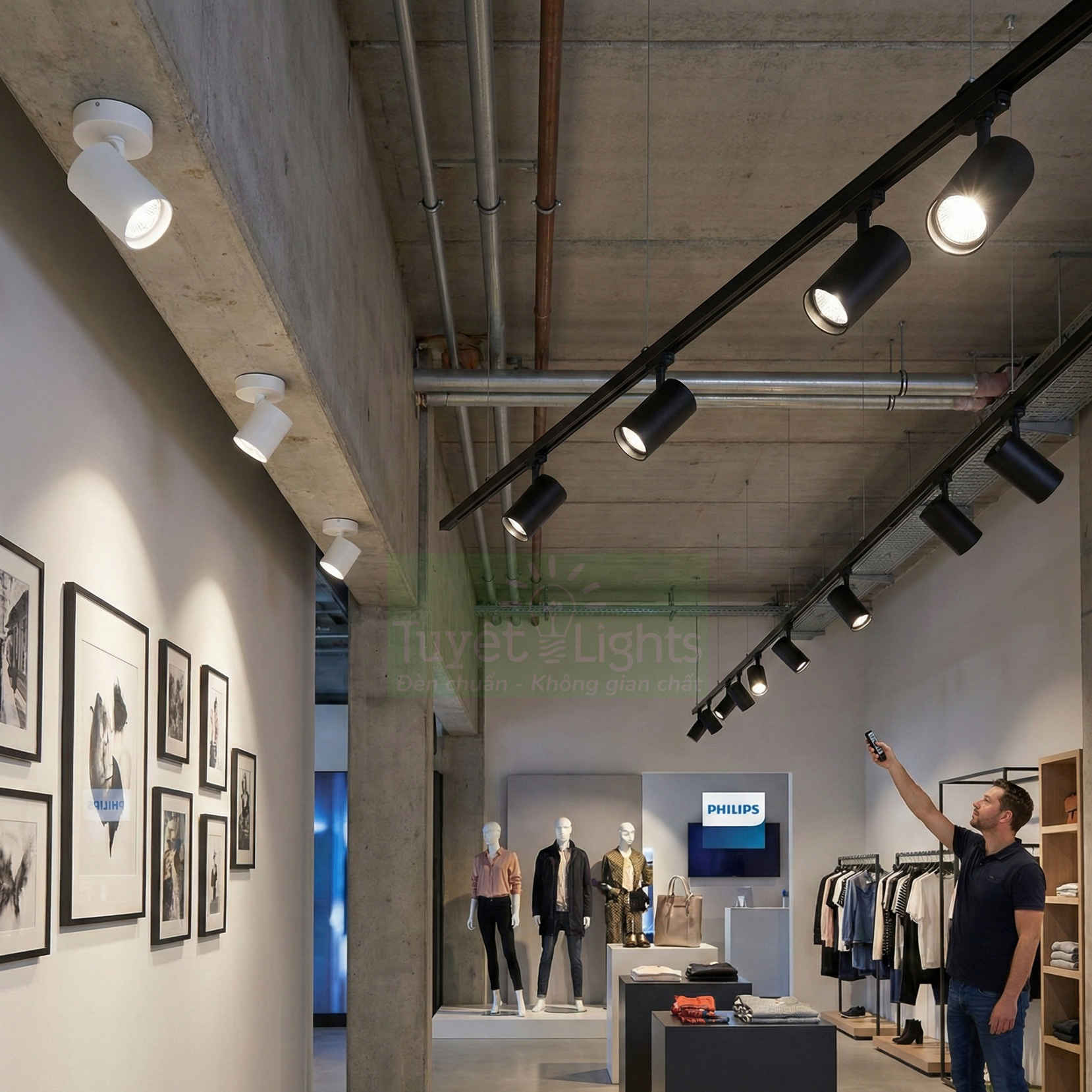 Đèn rọi ray Philips chiếu sáng cửa hàng quần áo hiện đại với người đàn ông điều khiển từ xa
