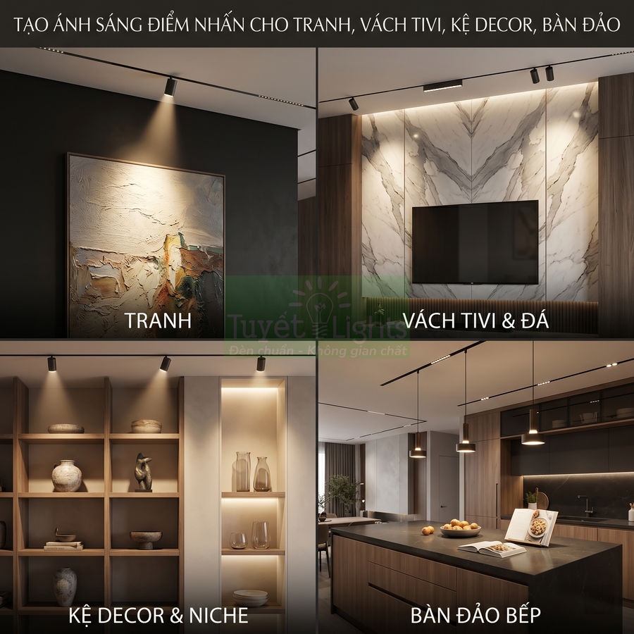 Đèn rọi ray tạo điểm nhấn chiếu sáng tranh treo tường, vách tivi đá, kệ decor và bàn đảo bếp hiện đại