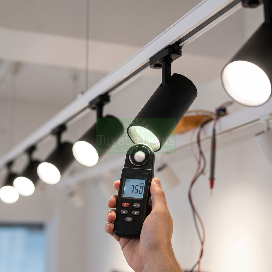 Đo cường độ sáng đèn rọi ray LED màu đen bằng máy đo lux cầm tay trong phòng trưng bày