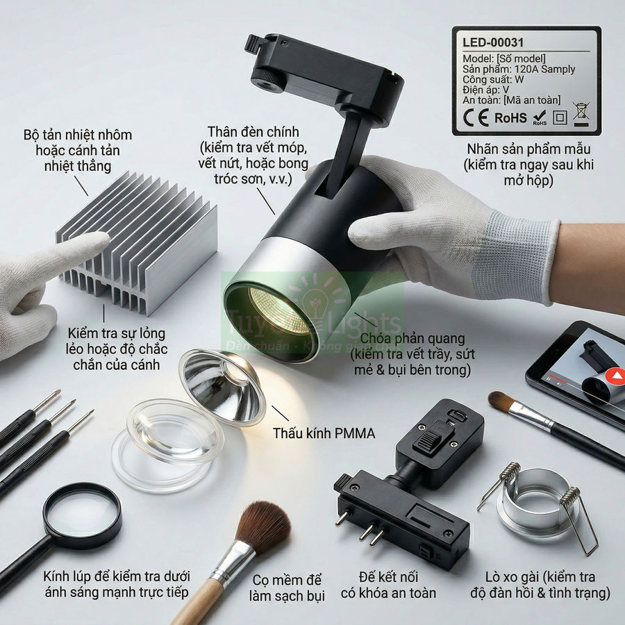 Đèn rọi ray LED kèm bộ tản nhiệt nhôm và phụ kiện kiểm tra chất lượng chi tiết