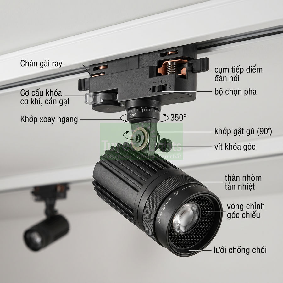 Đèn rọi ray LED màu đen thân nhôm tản nhiệt, xoay góc linh hoạt lắp trên thanh ray trần nhà