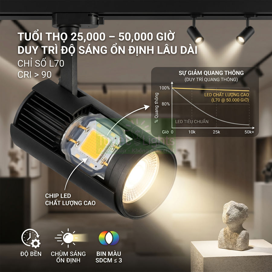 Đèn rọi ray LED màu đen chiếu sáng tượng đá, chip LED chất lượng cao, độ bền 25.000 đến 50.000 giờ