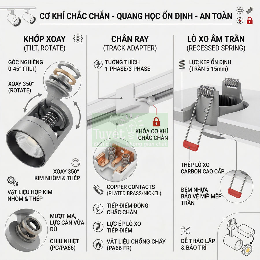 Cấu tạo đèn LED chiếu điểm ray trượt và đèn âm trần với khớp xoay, chân ray, lò xo kẹp trần chắc chắn