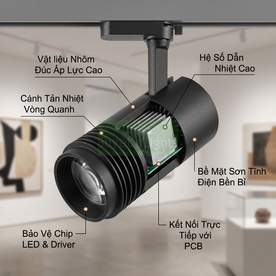 Đèn rọi ray LED nhôm đúc cao cấp, tản nhiệt tốt, sơn tĩnh điện bền, dùng chiếu sáng trưng bày trong nhà