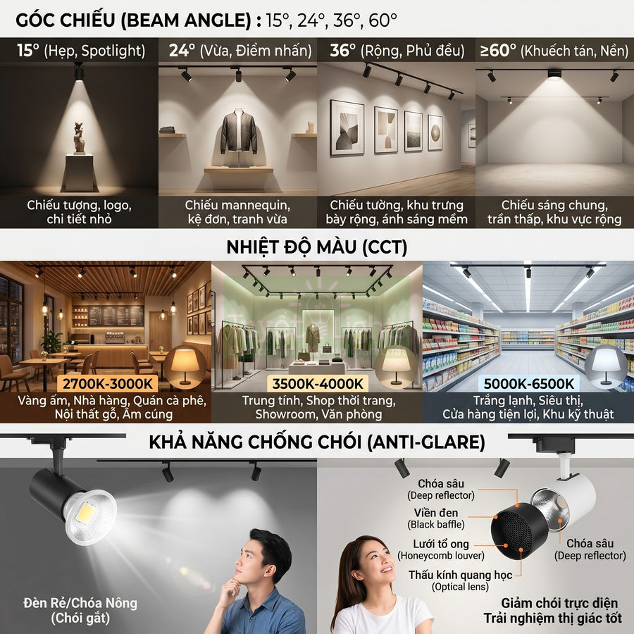 Đèn rọi ray LED trình bày các góc chiếu, nhiệt độ màu và khả năng chống chói cho nhiều không gian nội thất