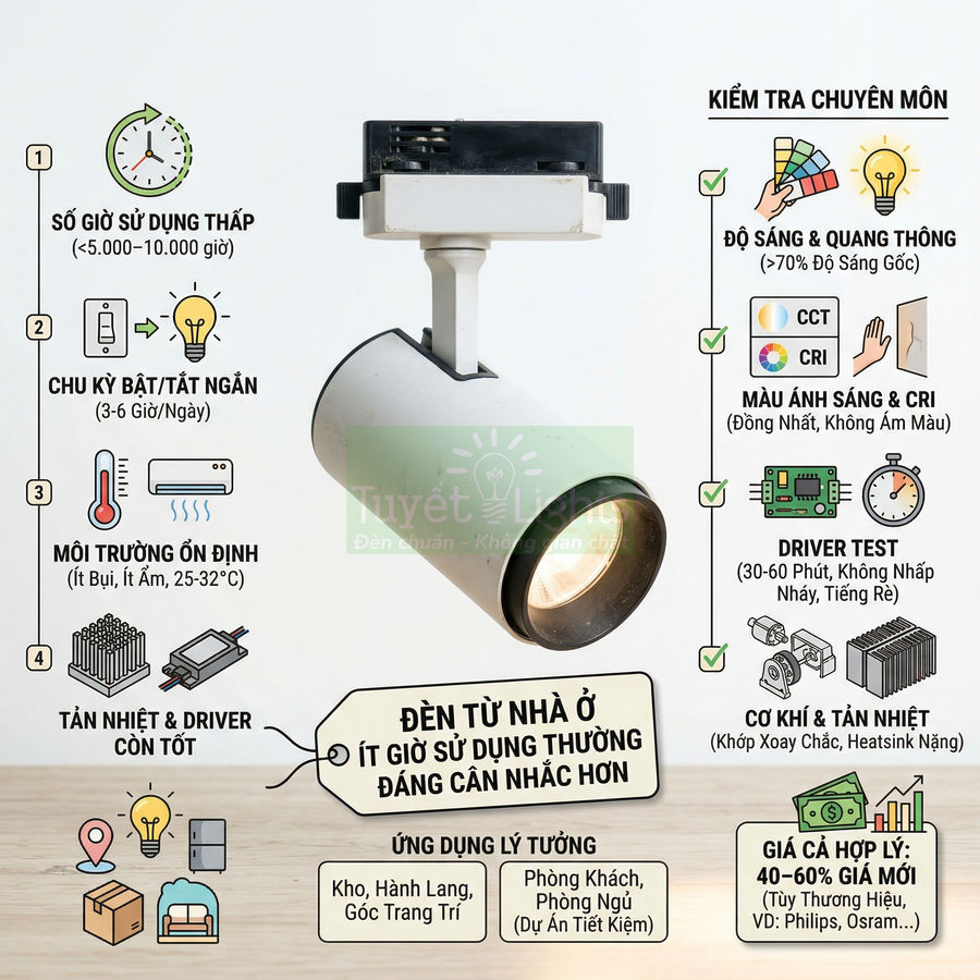 Đèn rọi ray LED màu trắng đang bật sáng, kèm hướng dẫn chọn đèn và ứng dụng lắp đặt trong nhà