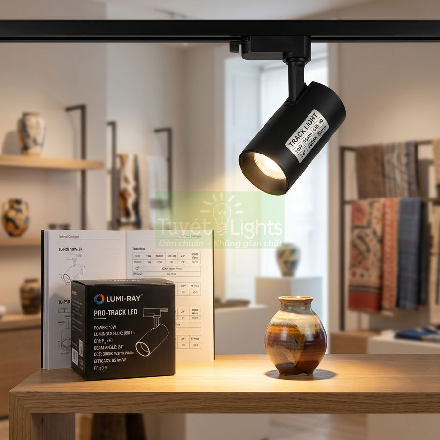 Đèn rọi ray LED Lumi Ray chiếu sáng bình gốm trên kệ gỗ trong không gian trưng bày