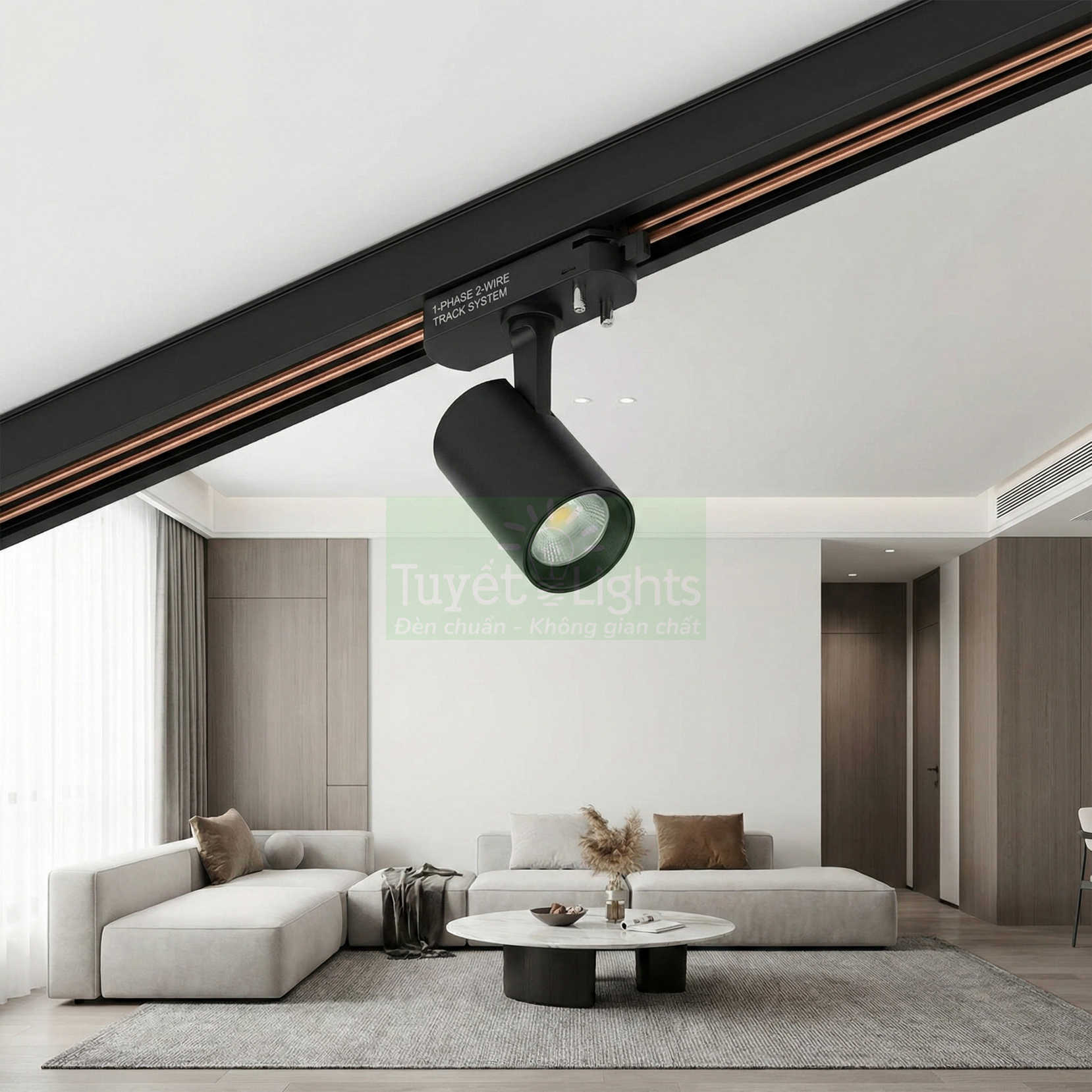 Đèn rọi ray LED màu đen lắp trần chiếu sáng phòng khách hiện đại