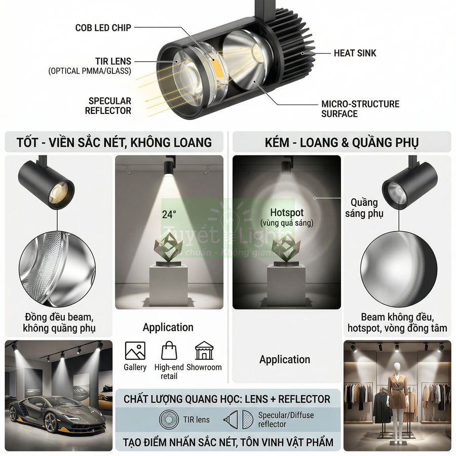 Đèn rọi ray LED COB cao cấp với thấu kính TIR, chiếu sáng tập trung cho showroom, gallery và cửa hàng thời trang