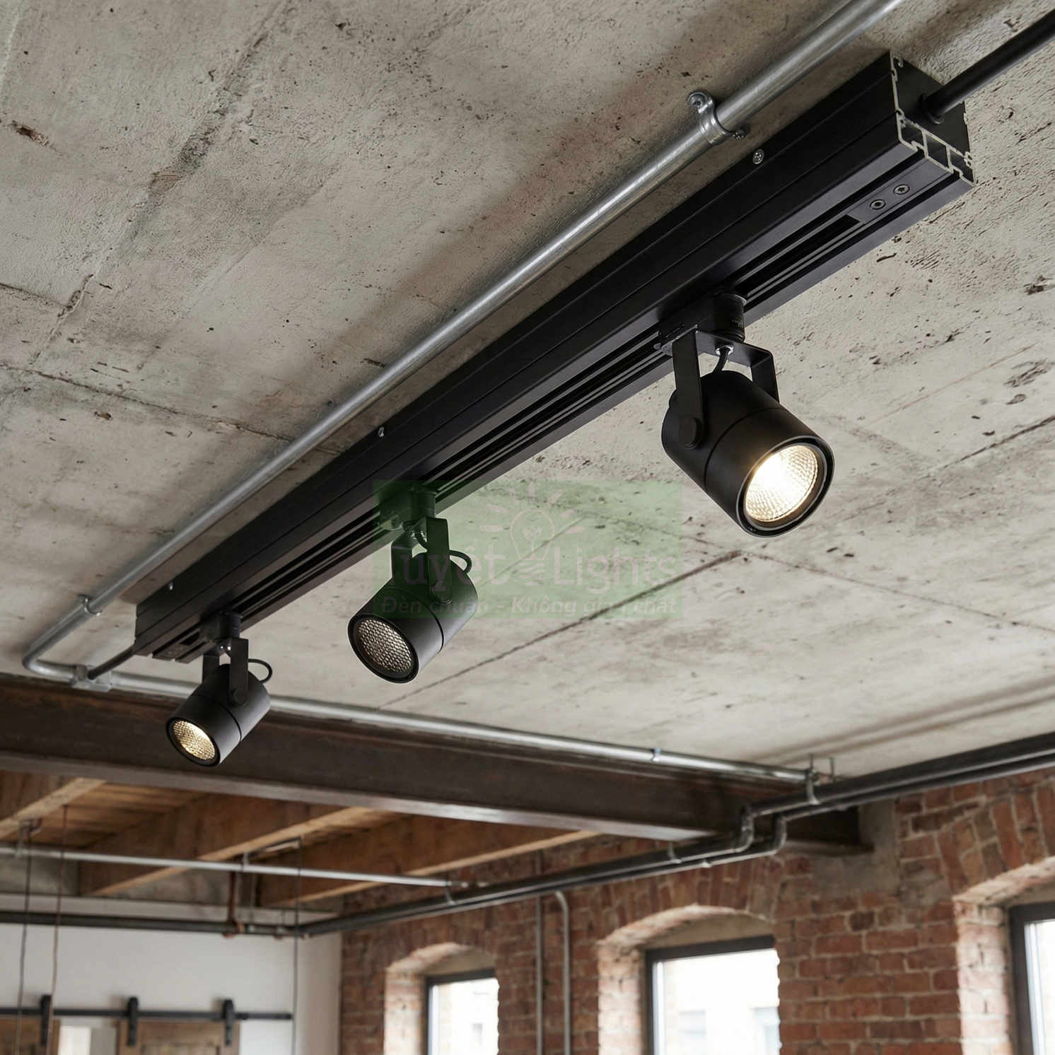 Đèn rọi ray đen gắn trần bê tông phong cách công nghiệp trong không gian nội thất loft