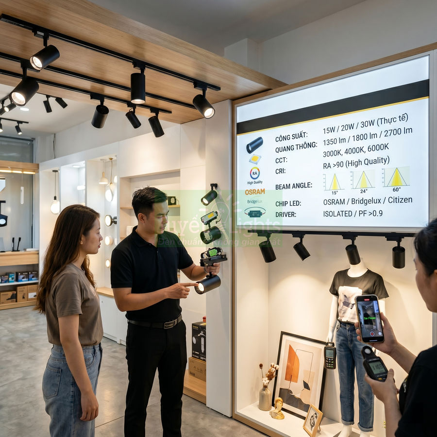 Nhân viên tư vấn đèn rọi ray LED cho khách trong showroom chiếu sáng hiện đại