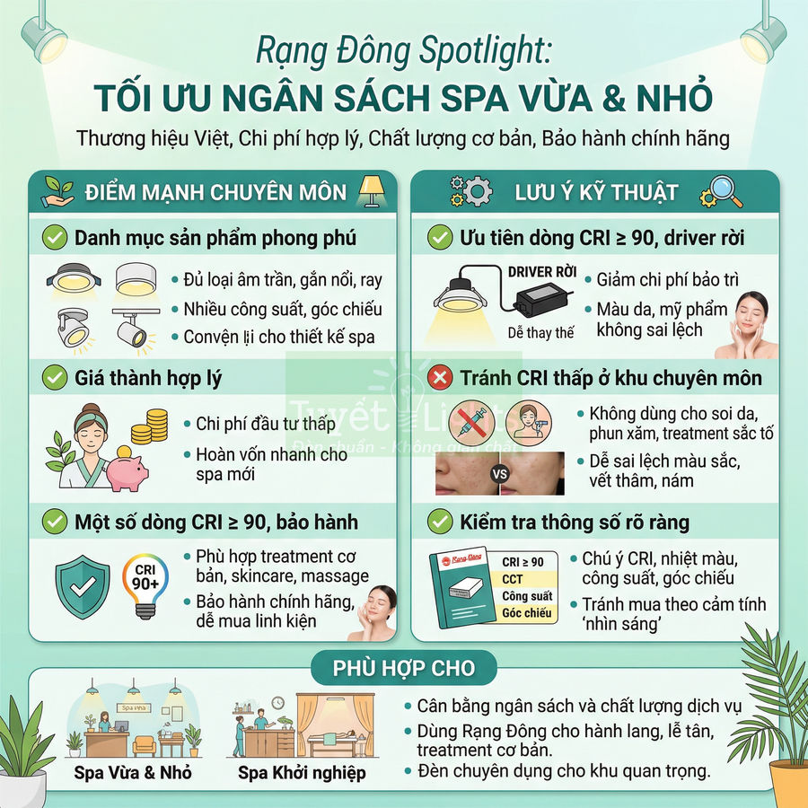 Infographic đèn spotlight Rạng Đông tối ưu ngân sách spa vừa và nhỏ, nêu ưu điểm, lưu ý kỹ thuật và gợi ý ứng dụng