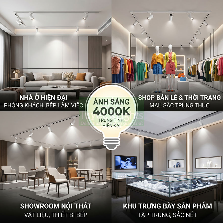 Đèn rọi ray LED ánh sáng 4000K chiếu sáng phòng khách, shop thời trang, showroom nội thất và khu trưng bày sản phẩm
