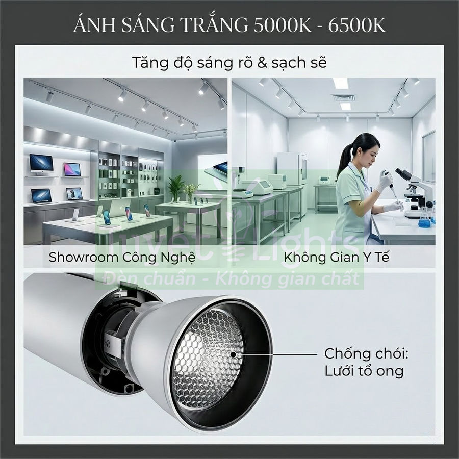 Đèn LED rọi ray ánh sáng trắng 5000K 6500K chống chói lưới tổ ong cho showroom công nghệ và không gian y tế