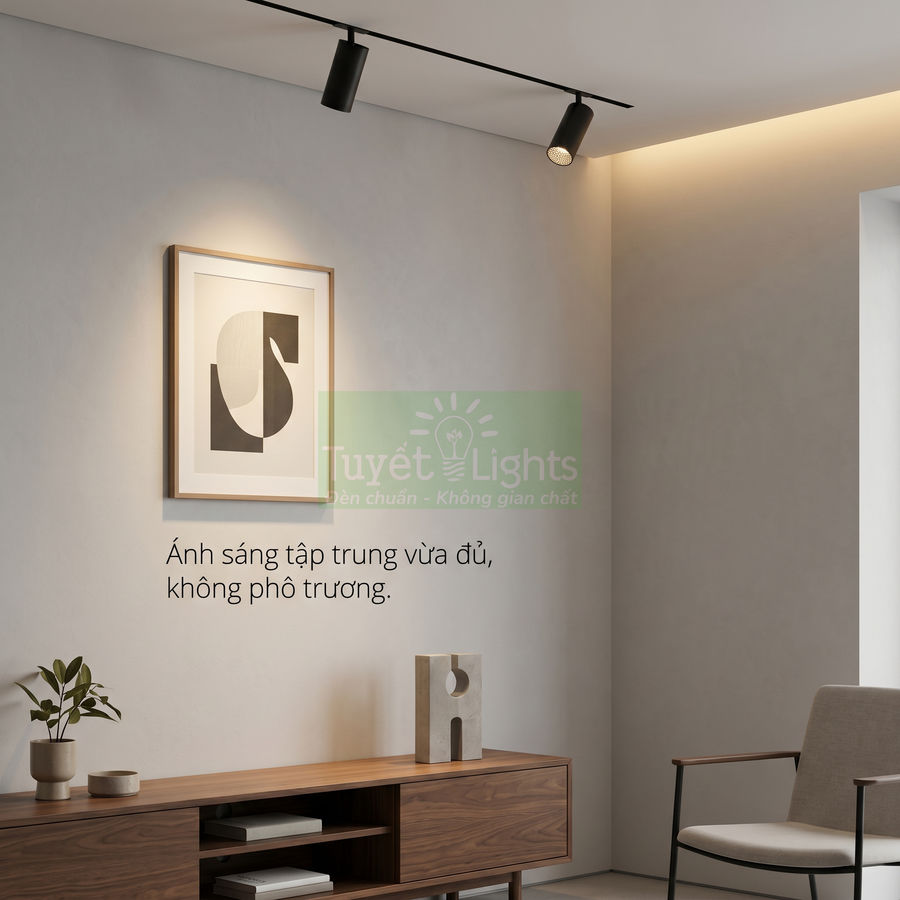 Đèn rọi ray Tuyết Lights chiếu sáng tranh treo tường trong phòng khách hiện đại tối giản