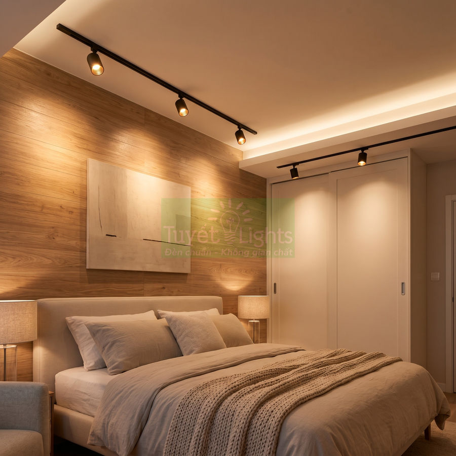Đèn rọi ray Tuyết Lights chiếu sáng phòng ngủ hiện đại với tường gỗ và giường đôi ấm cúng
